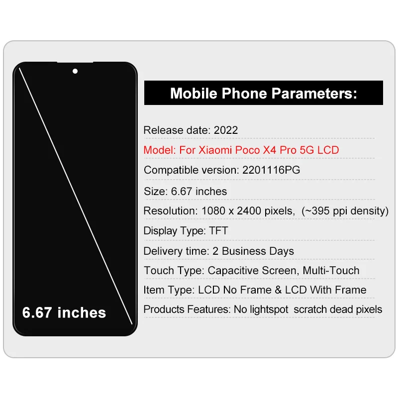 Super TFT For Xiaomi Poco X4 Pro 5G LCD Digitizer Assembly For Poco X4 Pro Display 2201116PG Display Touch Screen Replacement
