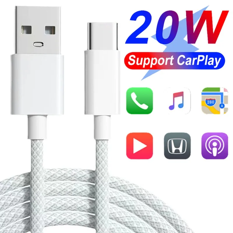 USB Type C Carplay Cable 20W Fast Charging Data Cord for iPhone 15 Samsung Xiaomi Nylon Braided Cord Support USB C Carplay