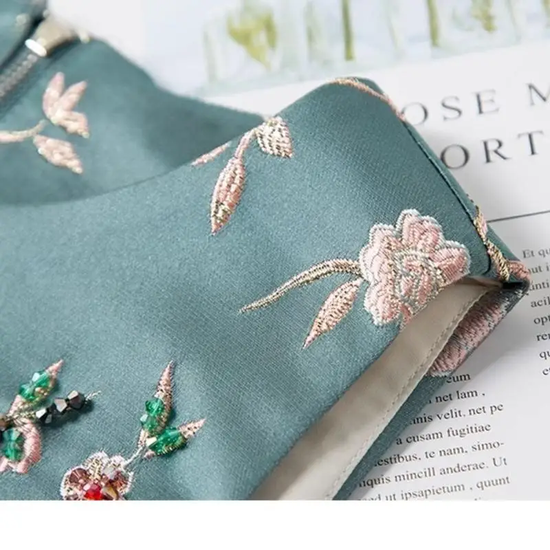 Vintage Palace Style Flower Bird Embroidery Bead Diamond Sleeveless Tank Dress Slim Green O-Neck Party Evening Mini Dress 2023