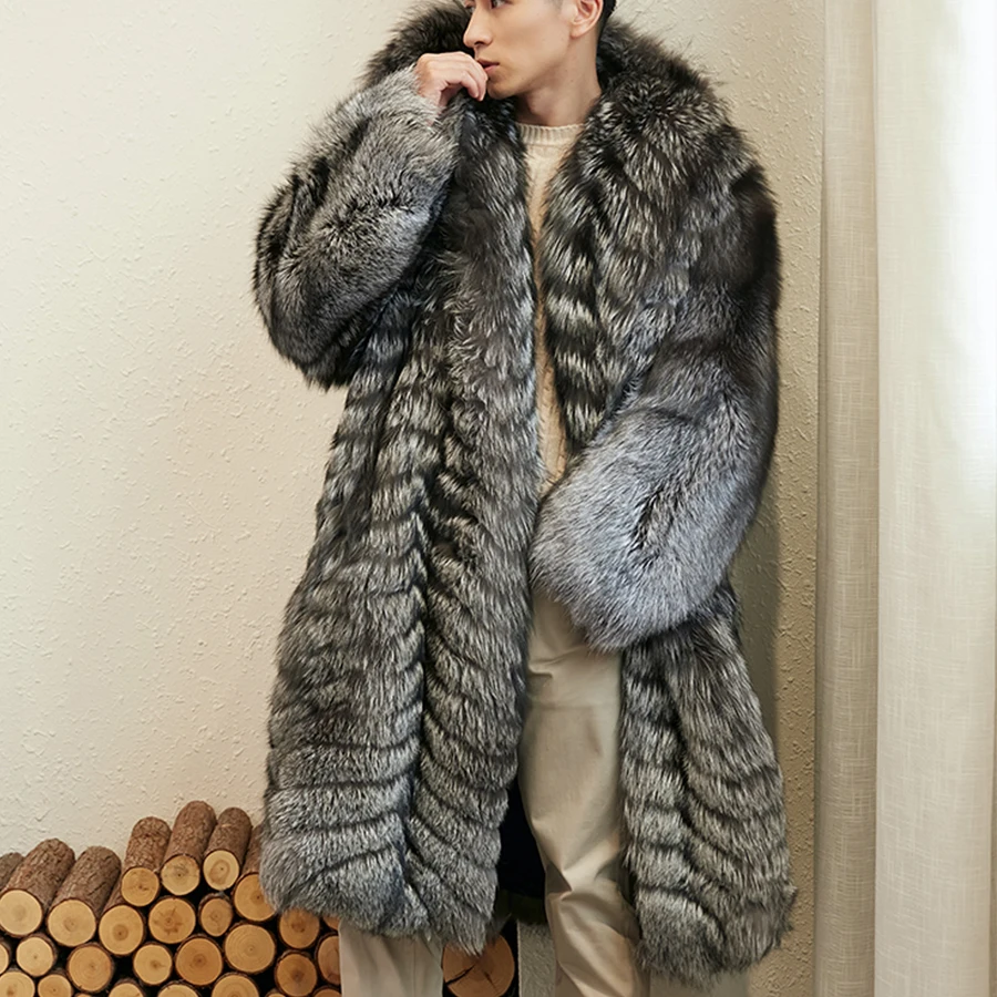 Men's Real Silver Fox Fur Coat Splicing Natural Fur Coat Long 2024 New Arrival European Quality Fur Jacket