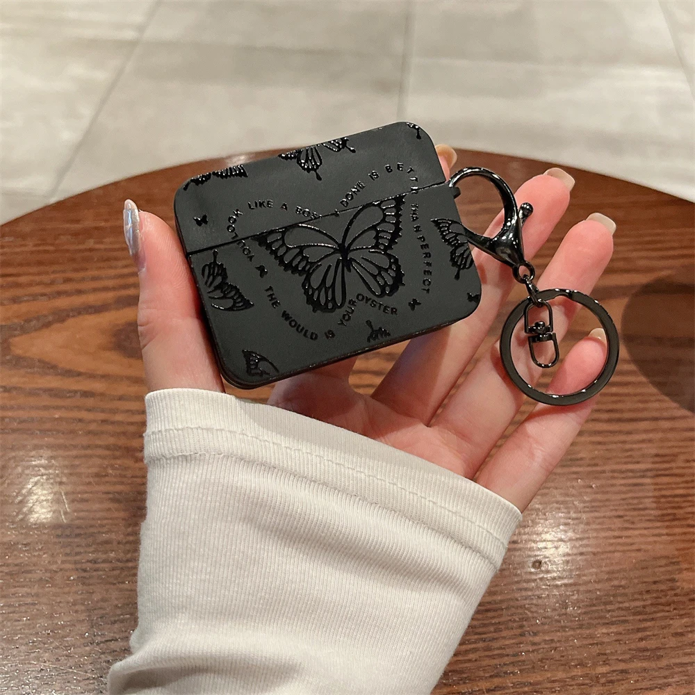 Luxury Black Butterfly Earphone Case For Airpods 3 With Keychain Bluetooth Headset Protective Case For Airpods 1 2 Pro 2 Cover