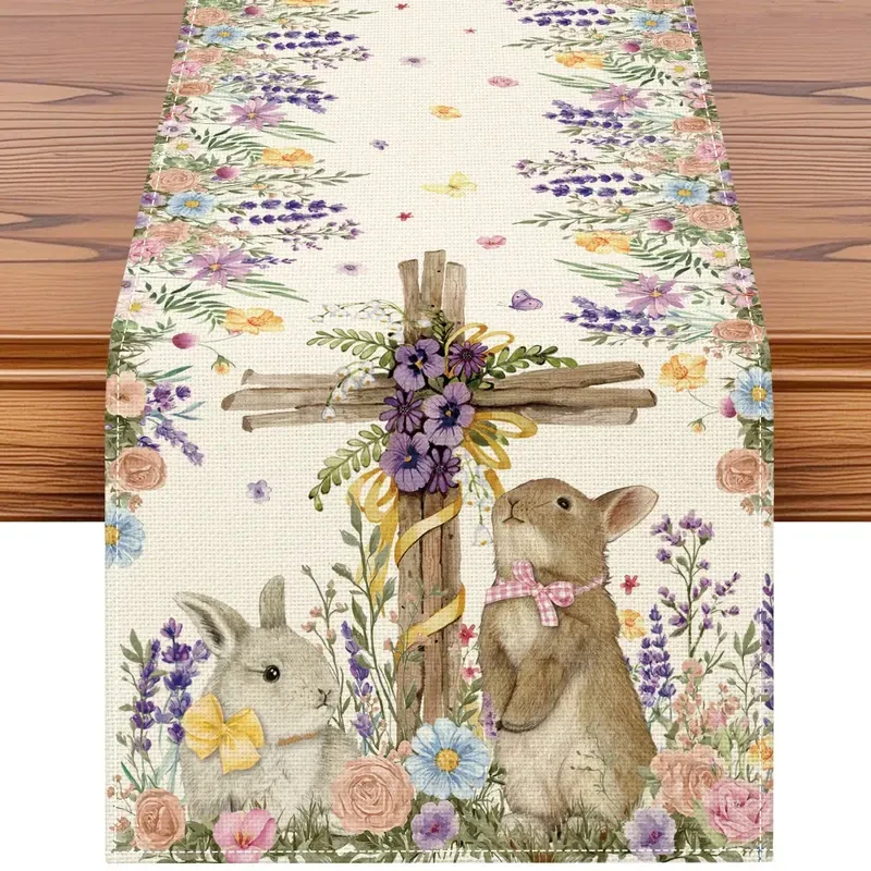 Spring/Summer style table runner with cross and Easter bunny flower, Spring/Summer kitchen table decoration