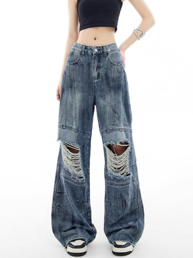 

ADAgirl Denim Ripped Blue Jeans for Women Wide Leg Trousers Boyfriend Oversize Streetwear Baggy Pants High Street Summer Clothes