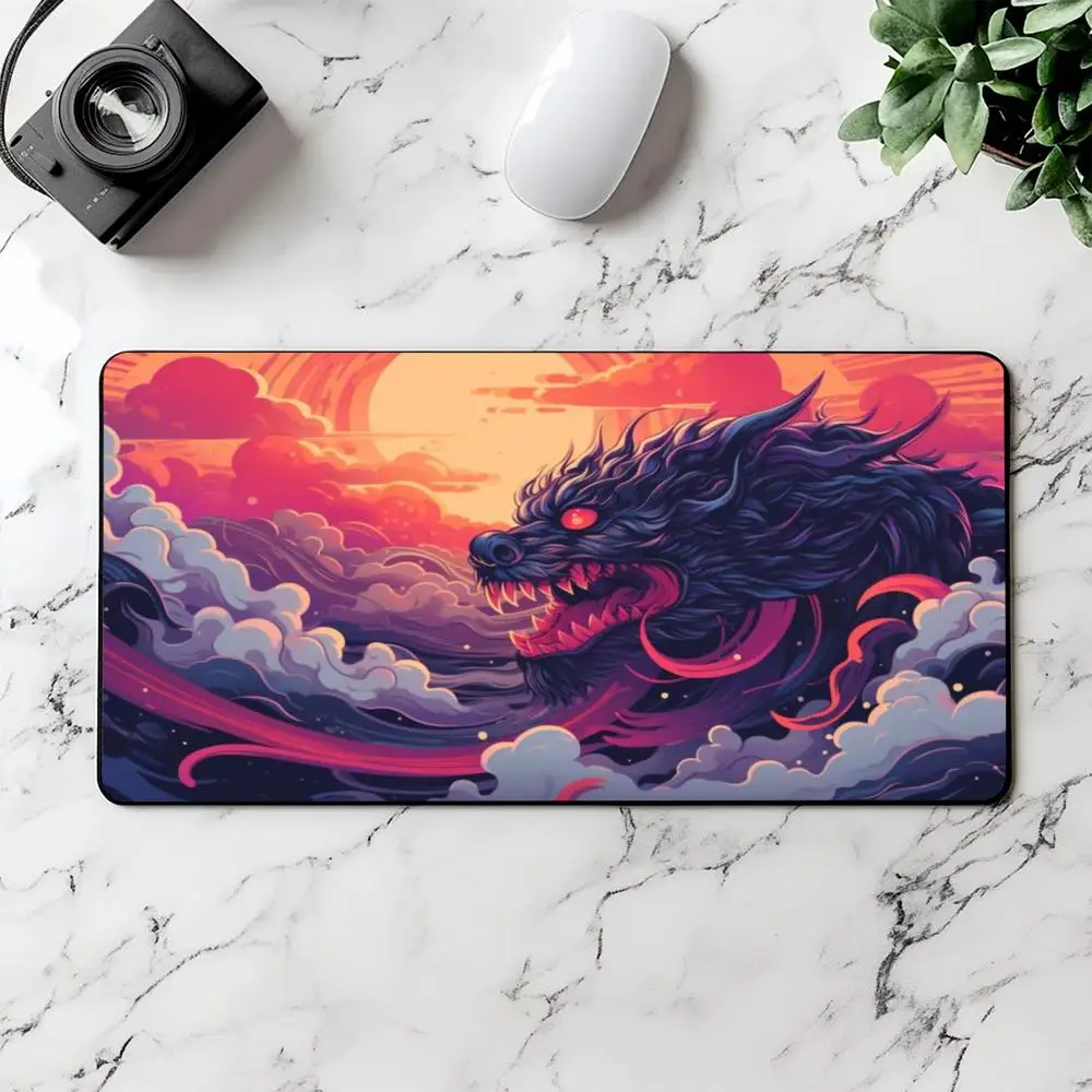 TCG Playmat Neon Pink Purple Oriental Dragon Cloud Sea Sunset Fantasy Art Premium Rubber Large Desk Mat Cyber Decor Gift