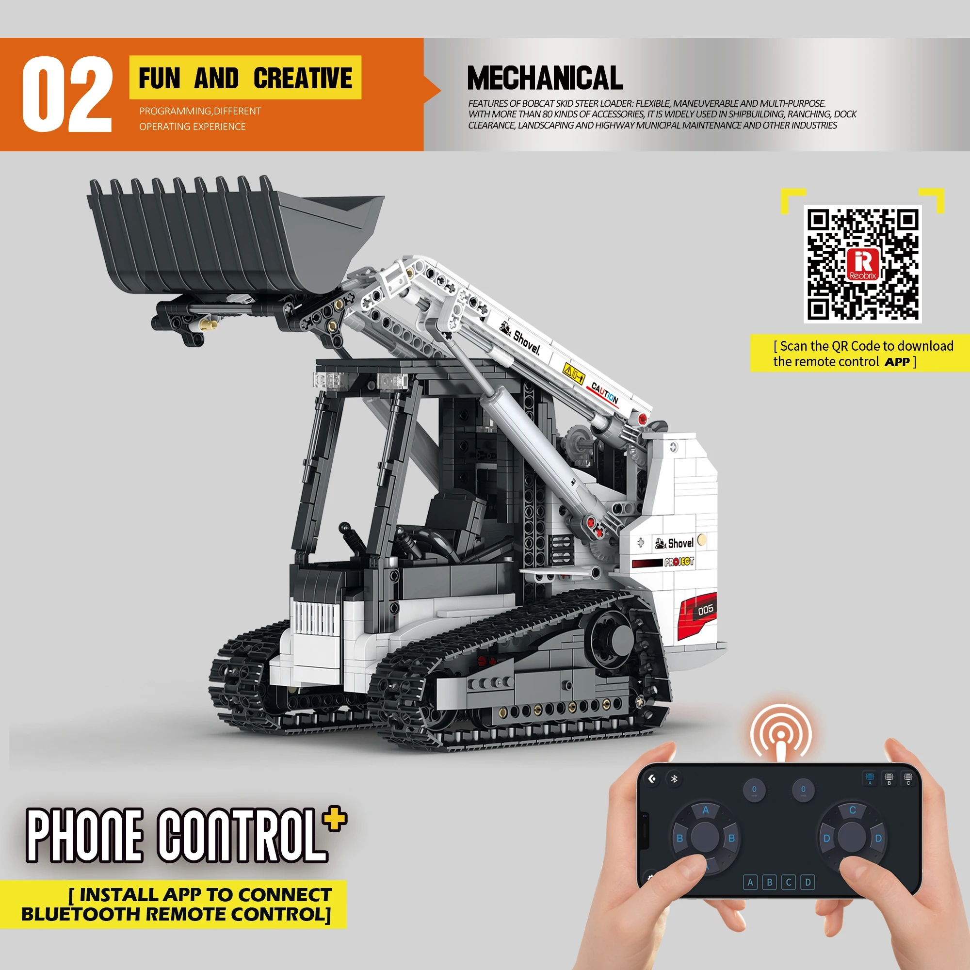 Bob Cat Skid Steer Loader Conjuntos de Construção, Equipados com Controle Remoto, Controlado por Aplicativos, Série Técnica Mecânica, Ideias Criativas Brinquedos