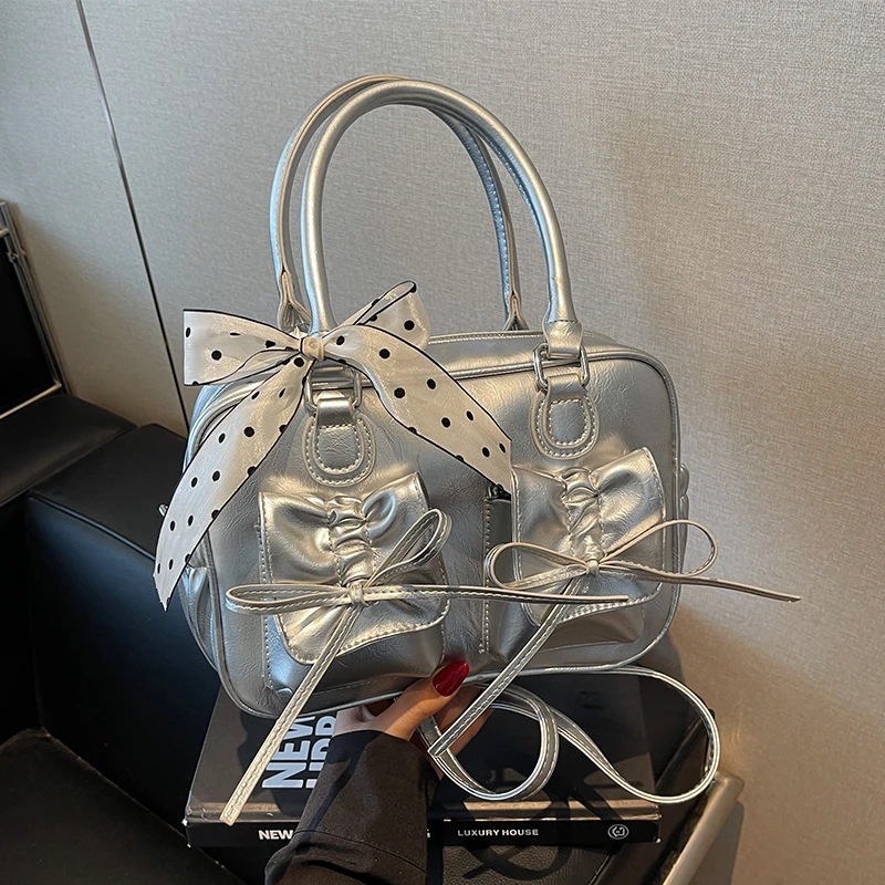 

Silver Lady Bag Korean Style Fashion Backpack Travel Bag For Women Large Capacity Shoulder Bag Trend Bow Handbag Pu Leather Bag