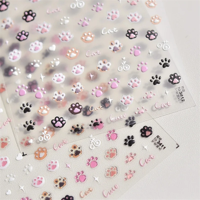 Cute Jelly Pink Cat Paw Print Lovely Kitty Puppy Dog Cartoon 5D Embossed Relief Self Adhesive Nail Art Sticker 3D Manicure Decal