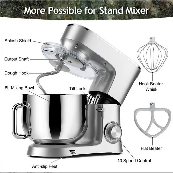 XEOLEO 8L Kitchen Dough Mixer 1500W Stainless Steel Bowl Cake Mixer Kneader Cream Egg Beater