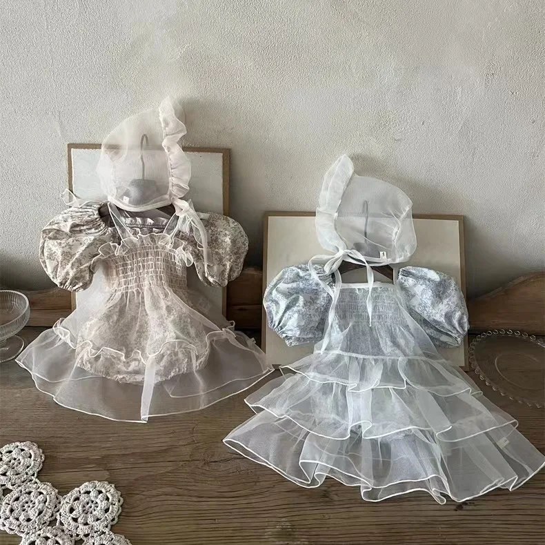 Sommer Neugeborenes Mädchen süße Blumen druck Puff ärmel Bodysuit Kinder dünne Mode Prinzessin Geburtstags kleid Baby Baumwolle Stram pler