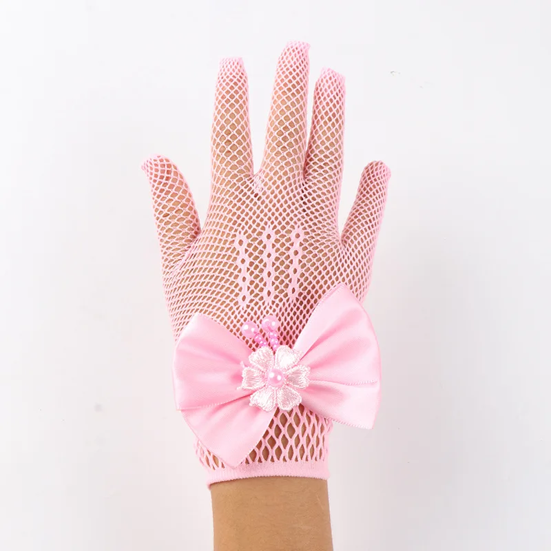 Gloves Children Girls Lace Mesh White Bridal Wedding Princess Full Finger Fishnet Bow Stretch Soft Breathable Small Size