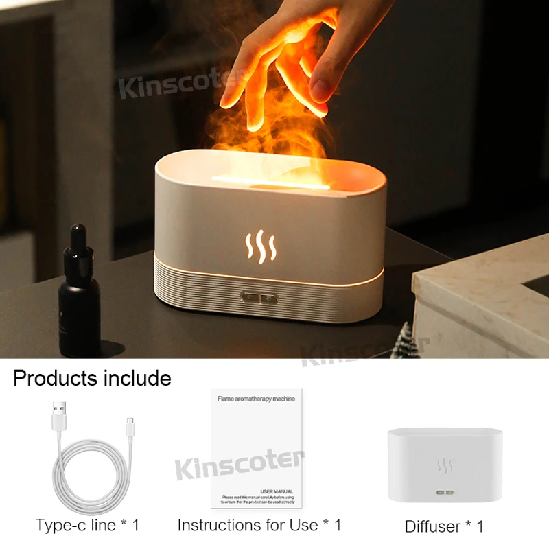 USB-Desktop-Flammen-Aroma-Diffusor Luftbefeuchter 7 Farben Simulationslicht Aromatherapie-Luftreiniger für Schlafzimmer/Ätherisches-Öl-Set