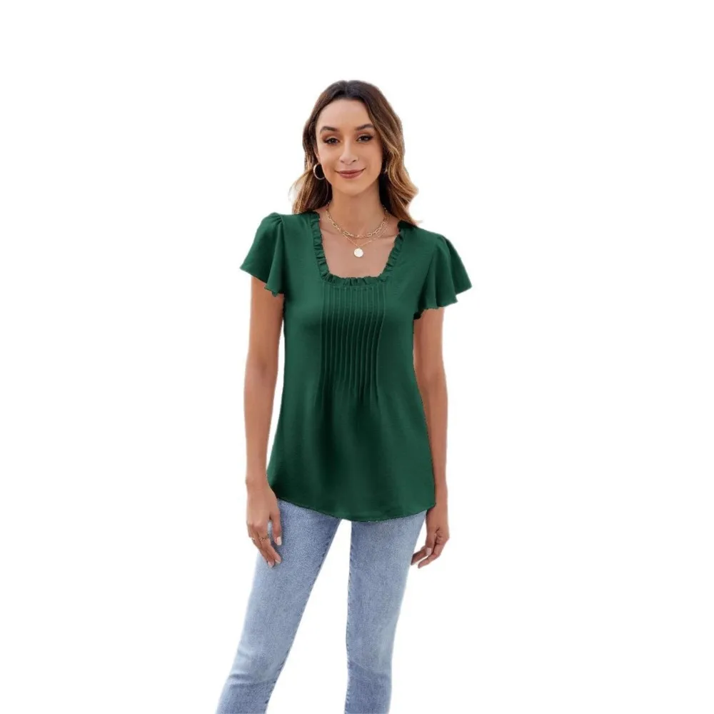 Femmes noir 2025 printemps/été nouvelle Collection couleur unie à manches courtes T-shirt mode décontracté col carré haut pour les femmes