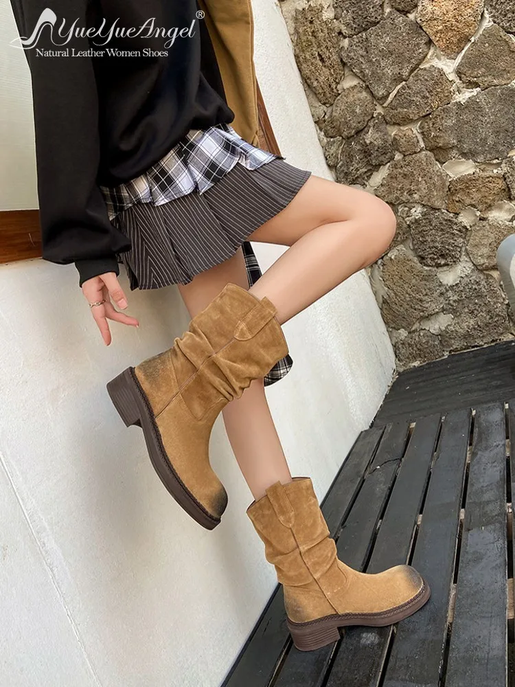 New Retro Fashion Women Elegant Knight Boots Comfortable Handmade Mid Heel Cow Suede Round Toe Winter Ladies Versatile Footwear