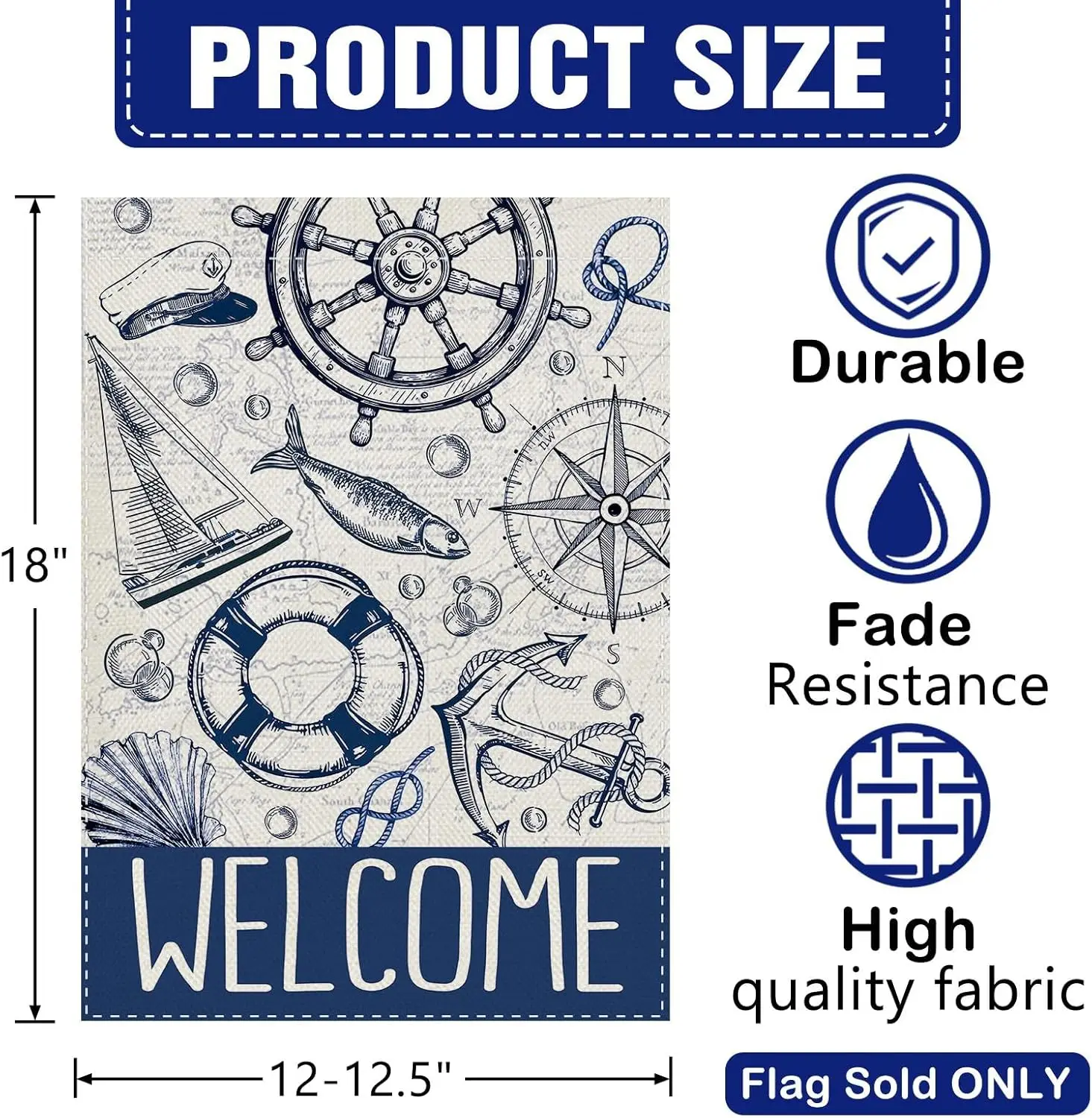 Dyrenson Vintage Nautical Welcome Decorative Garden Flag, Retro Coastal Rudder Compass Sailboat Lifebuoy Anchor Yard Outside MMZ