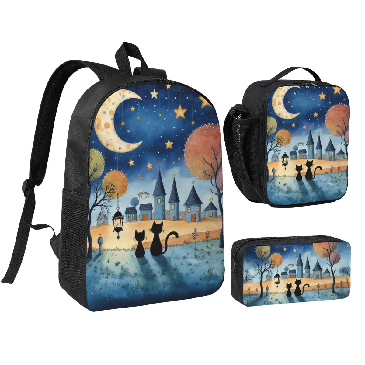 Cats Watching The Night View Of The Moon Backpack Kids BookBag School Bag Shoulder Bags 3ps Insulated Lunch Bag Pencil Case