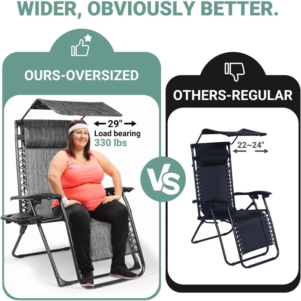 Para foteli rozkładanych z funkcją nieważności: duże krzesła wypoczynkowe na zewnątrz z baldachimem i uchwytem na napoje