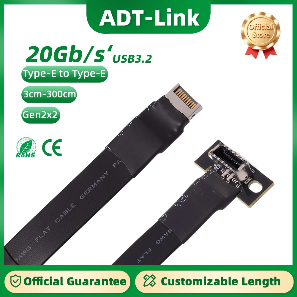 ADT-Link USB 3.2 Internal 20Pin USB Type-E Male To Type-E Female Front Panel Socket Extension Flat Ribbon Cable with Screw Hole