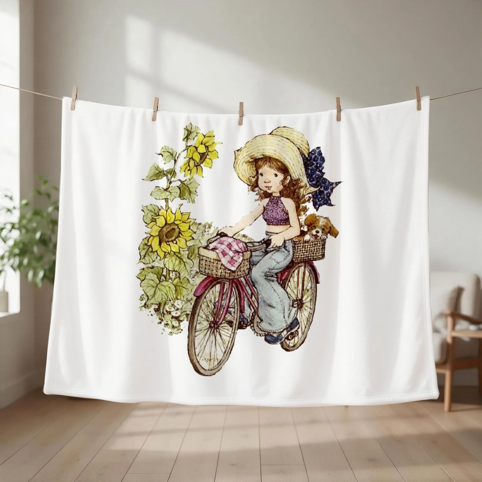Sarah kay - Girl with bicycle Throw Blanket couch cozy soft plush fuzzy picnic outdoor blanket