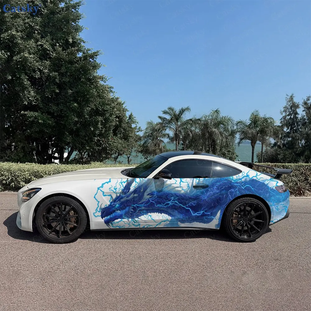 2pcs Lightning Blue Divine Dragon Car Side Wraps, Self-Adhesive PVC Waterproof & Scratch-Resistant Stickers, Car Accessory Gift