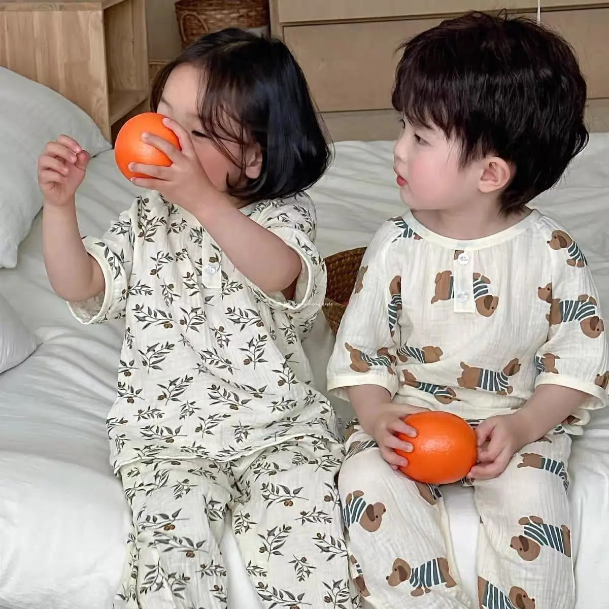 2025 Summer Pajama Sets Children's Sleepwear Summer Cotton Short Sleeved Thin Double-layer Cotton Home Suit Set Air-conditioned