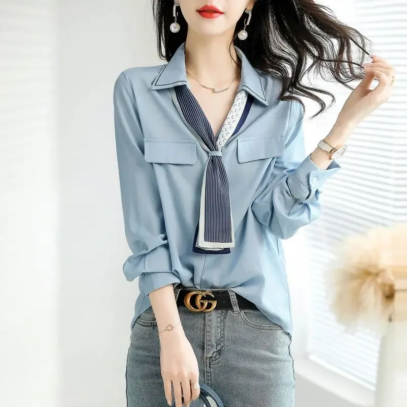 

Elegant V-Neck Button Spliced All-match Lace Up Blouse Women's Clothing New Casual Pullovers Loose Office Lady Shirt XT826