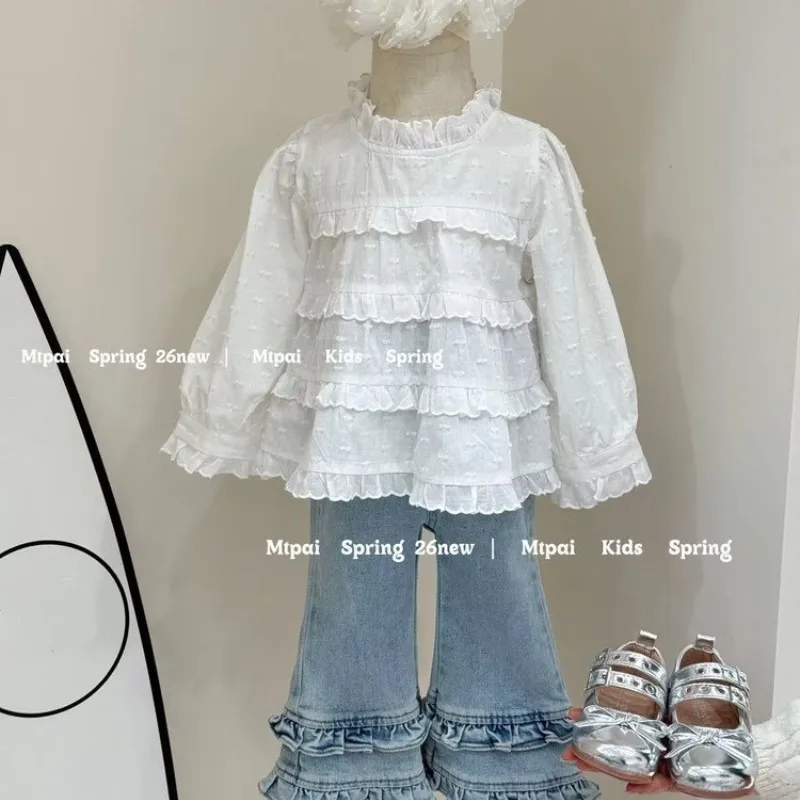 

Girls' Spring Set Fashion New Children's Cotton Long Sleeve Shirt+Lace Bellbottom 2-Piece Set