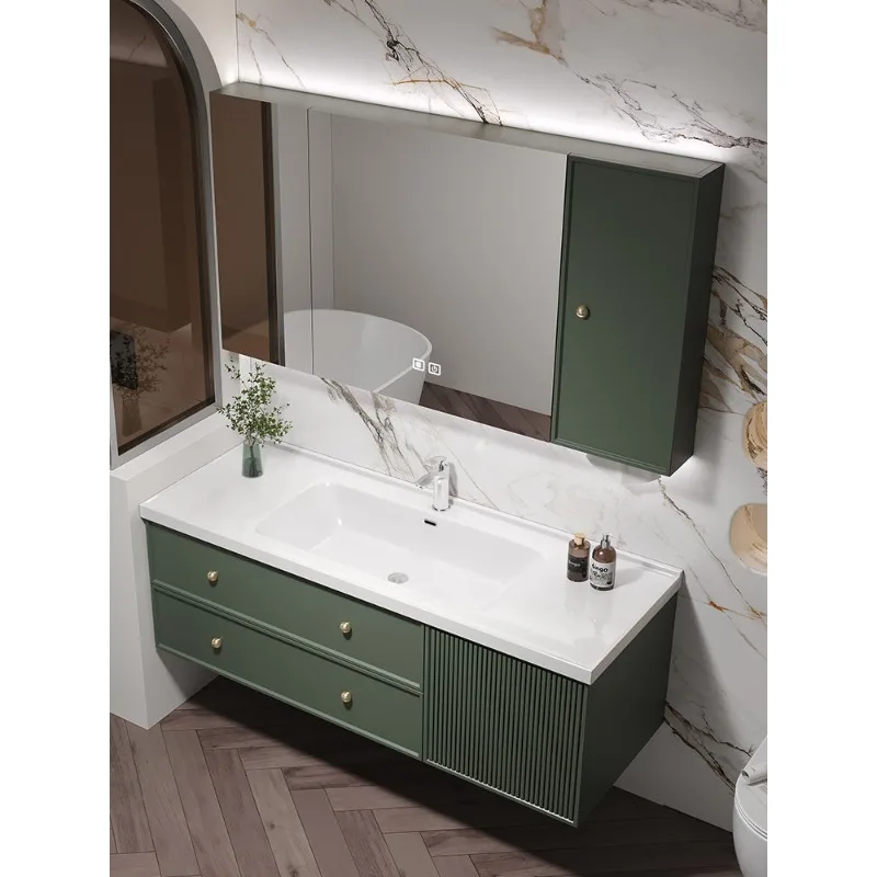 

Dark green bathroom cabinet combination, ceramic integrated basin, toilet, washbasin, washbasin, oak.