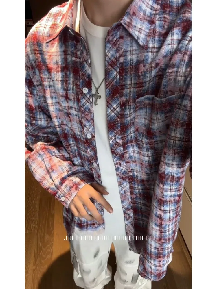 

Мужская рубашка в американском ретро-стиле с эффектом тай-дай и клетчатым узором, с длинным рукавом, повседневная, весенне-осенняя, молодежная, классическая, с воротником, на пуговицах, верхняя одежда