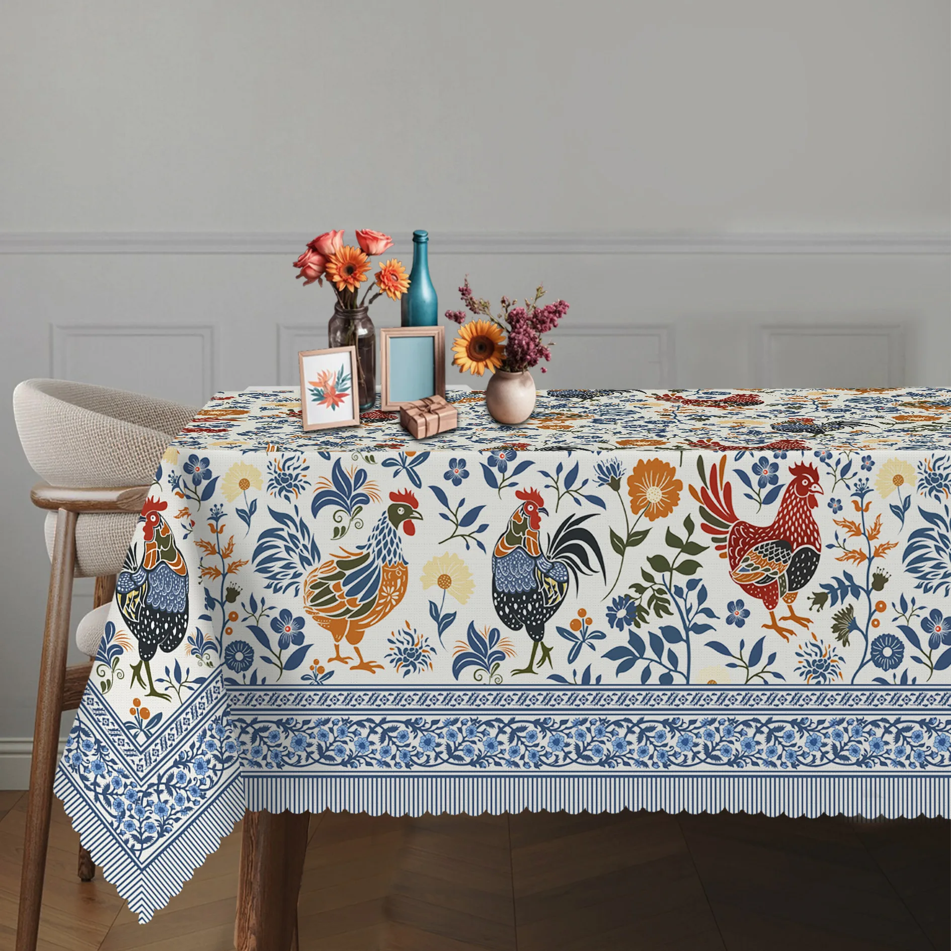 Retro rooster-print tablecloth, rural countryside-style floral decoration, classic blue and orange color scheme