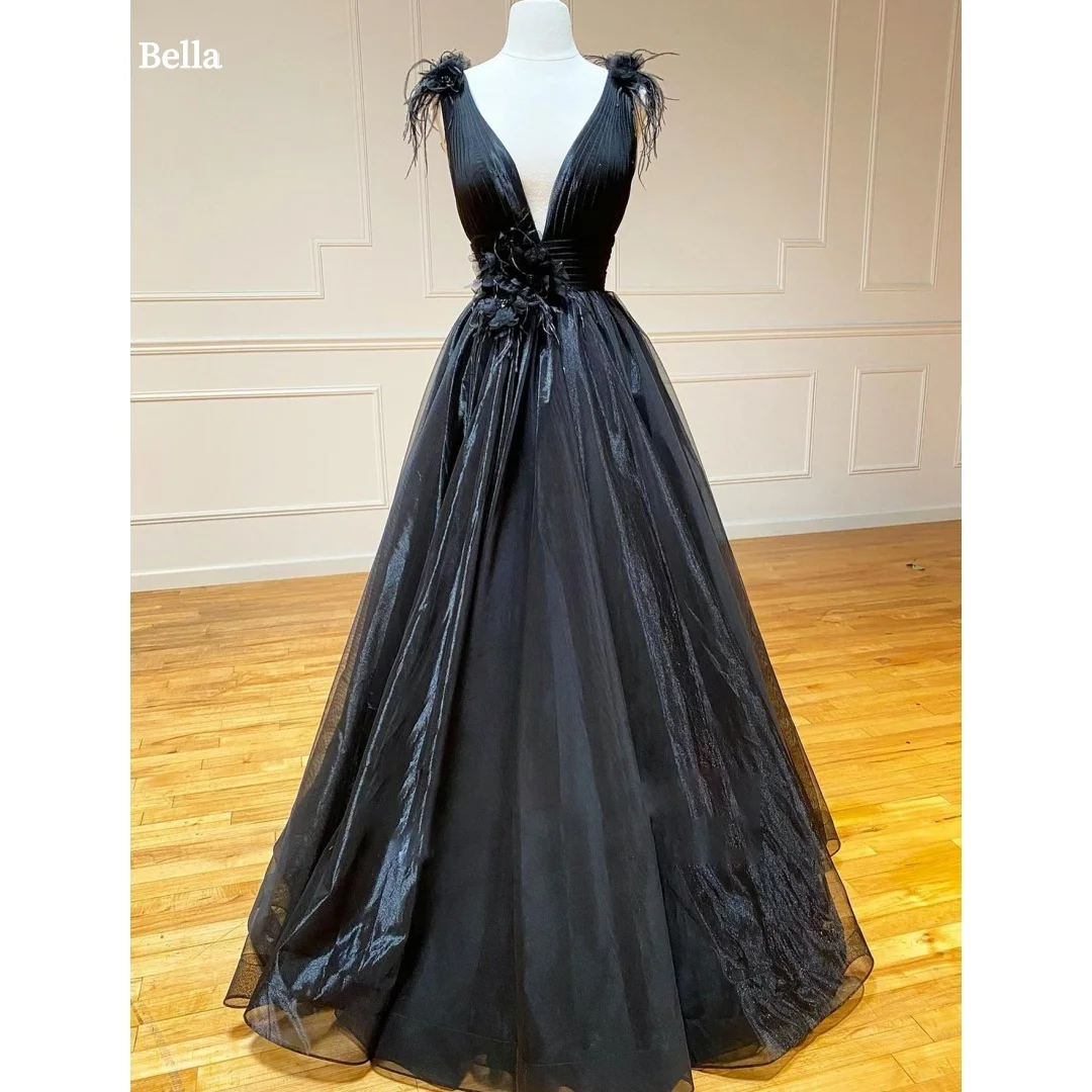 

Bella Customized Black Feathers 3D Flowers V Neck robes de soirée Sleeveless Organza Party Dresses Floor-Length Prom Dress 2025