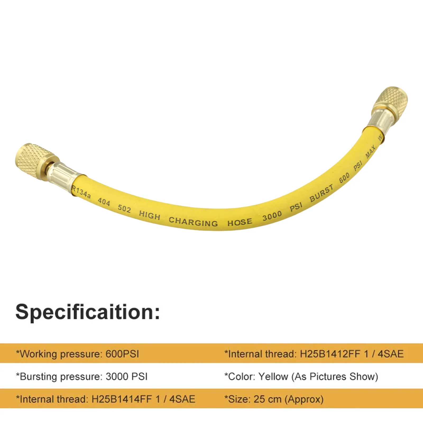 R134A Charge Hose Bursting Pressure 3000 PSI R134A Charge Hose Yellow 1PCS 25 Cm For High Voltage Applications.