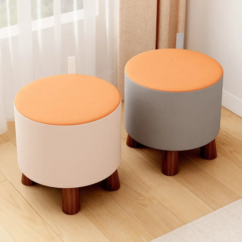 Small Round Stool Solid Wood Bench Creative Household Coffee Table Sofa Footrest Soft Padded Shoe Changing Stool Practical