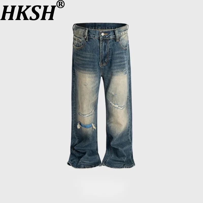 

HKSH Spring Autumn New Man Trendy Washed Vintage Hole Frayed Patch Design Bootcut Jeans High Street Wide-Leg Denim Pants HK13743