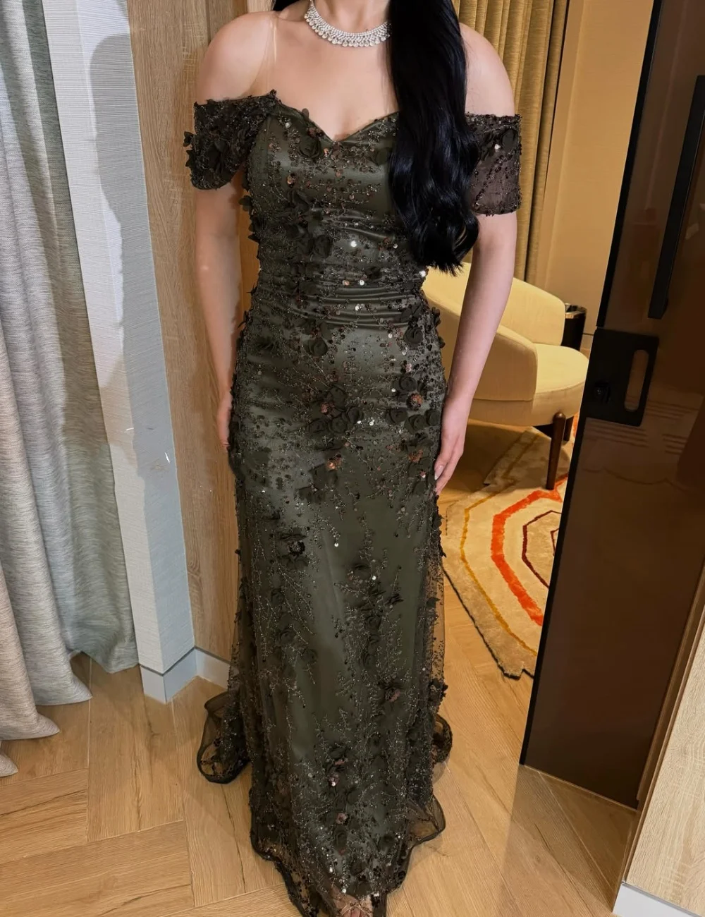 Customized Sizes Available Charmeuse Pleat Lace Pattern Mermaid Off-the-shoulder Long Luxury Party Dresses Classic