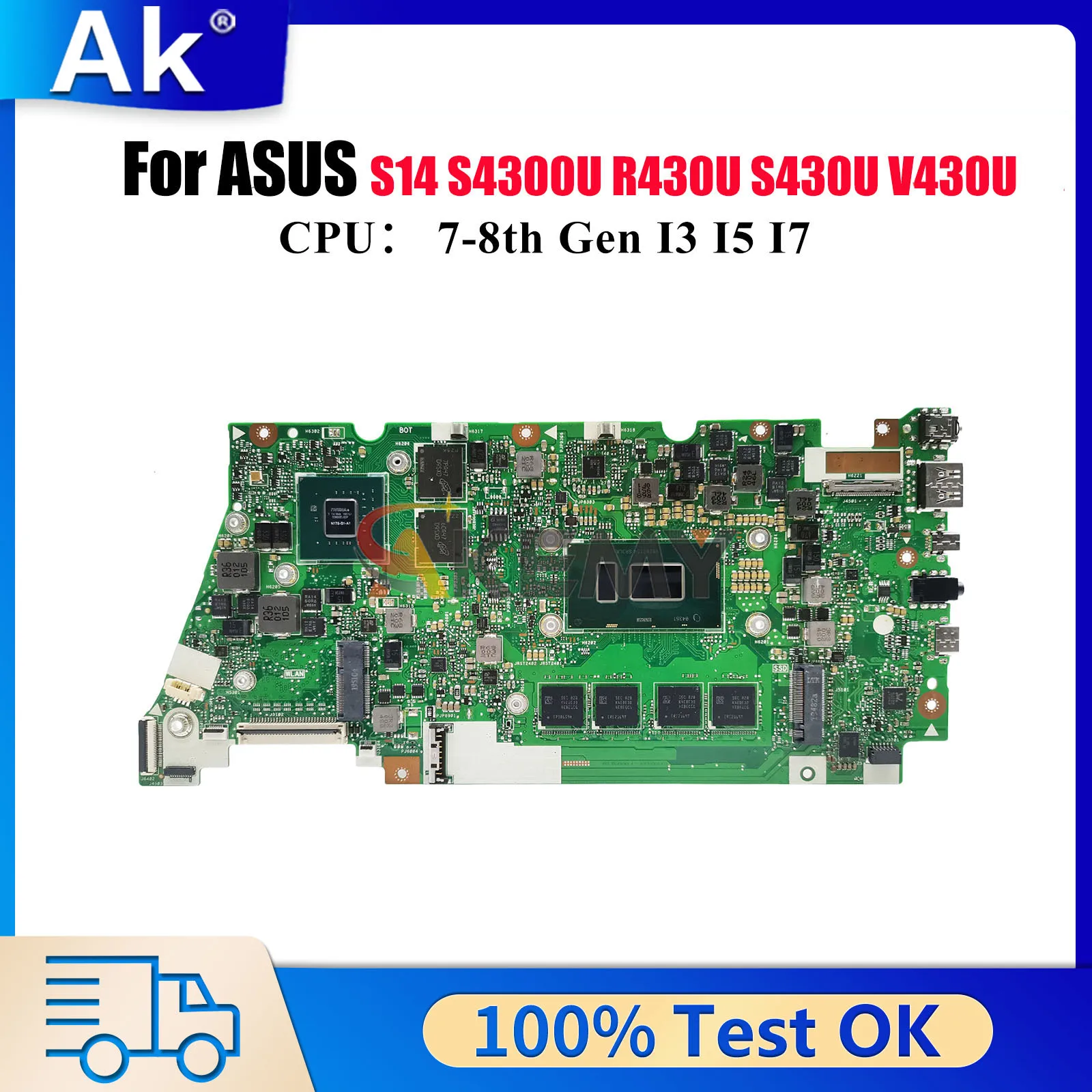

X430UN Laptop Motherboard For ASUS VivoBook S4300U R430U S14 X430U X430UN S430U V430U K430U Mainboard With I3 I5 I7 CPU tests OK