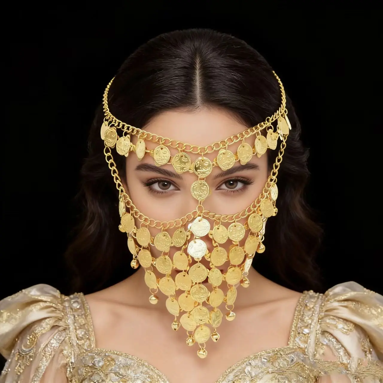

Middle Eastern Style Golden Face Chain Women's Party Prom Dress Matching Tassel Veil Headwear Jewelry