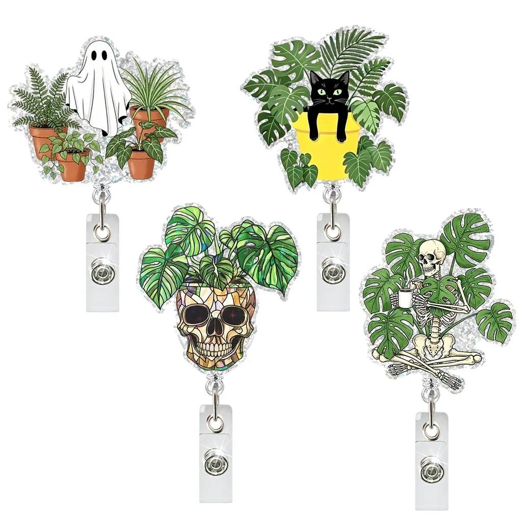 Plant Pattern Badge Holder Retractable Halloween Badge Holder Retractable Id Holder Tear-Resistant Acrylic Badge Reel For Office