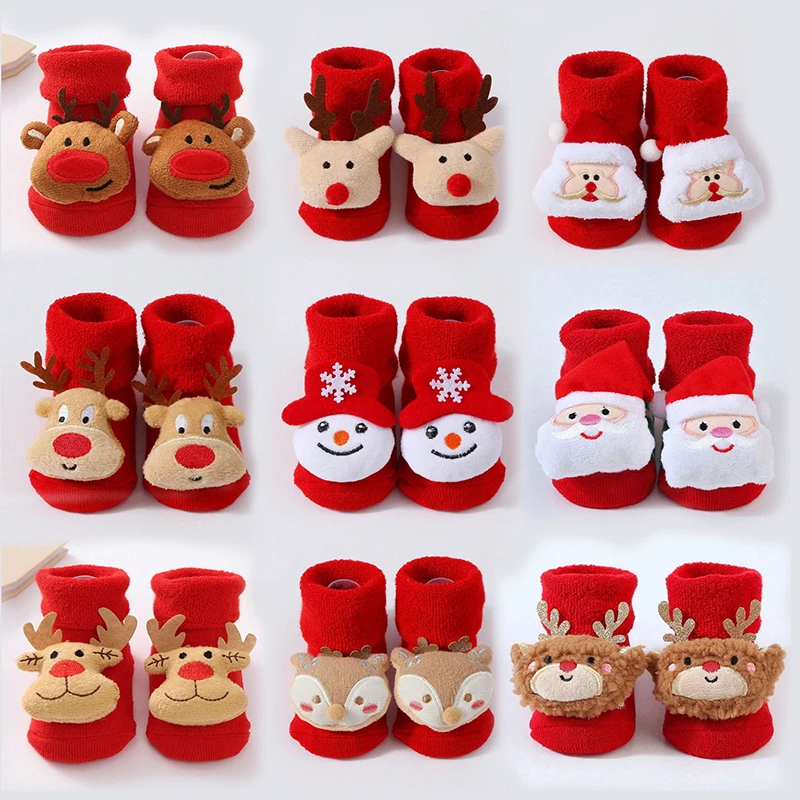 Kids Christmas Socks For 0-12Months Children\'s Short Socks Girls Boys Winter Warm Cotton Toddler New Year Gift Santa Claus Socks