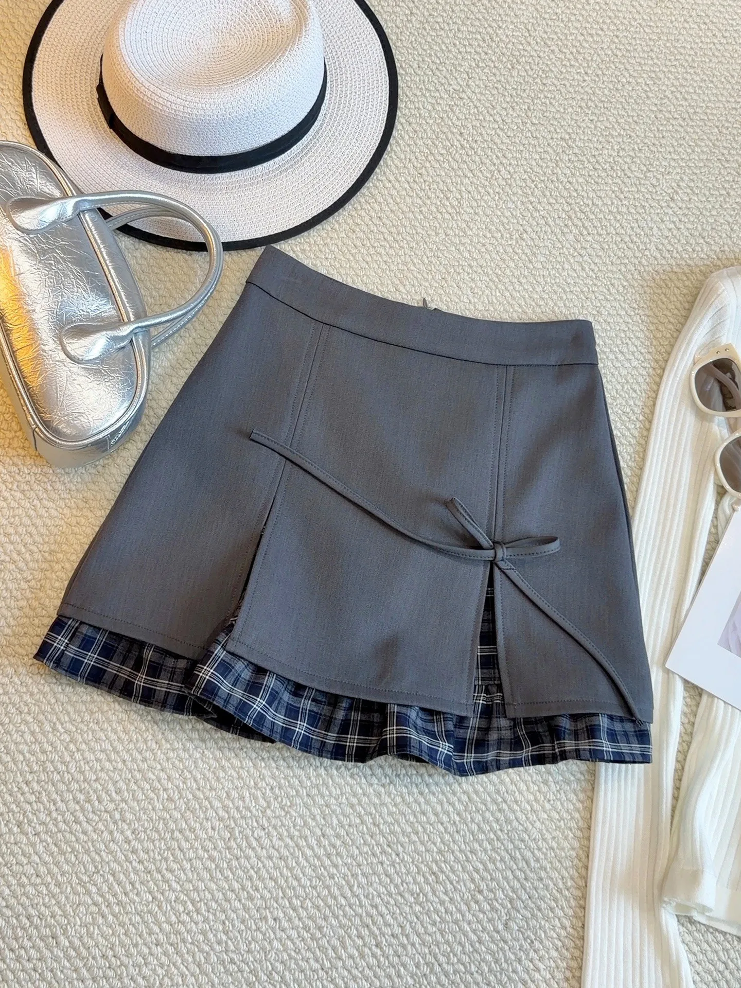 

Новая летняя женская юбка-блейзер в клетку с разрезом, серая, модная, с высокой талией, А-силуэт, мини, повседневная, в уличном стиле