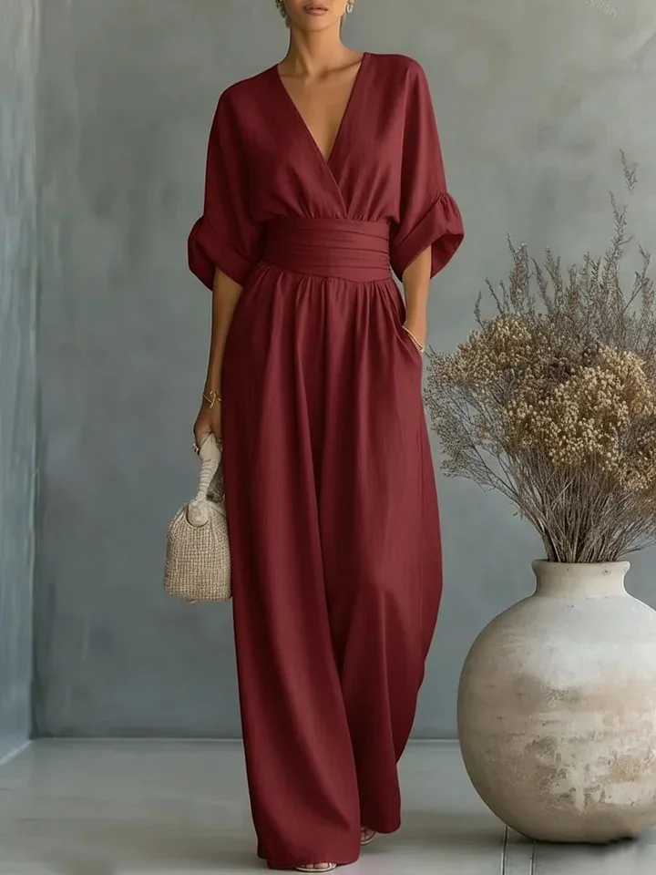 

OL Style Solid High Waist Draped Jumpsuits Woman 2026 Spring V Neck Wide Leg Trousers Overalls Casual Half Sleeve Rompers Outfit