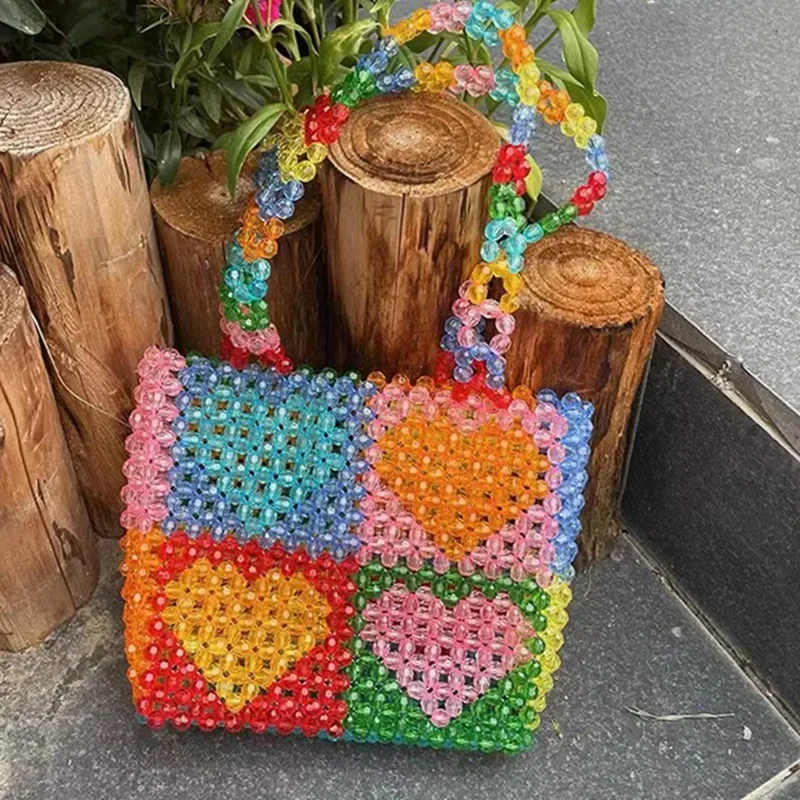 Square Love Heart Hand-woven Beaded Pearl Bag Peach Summer Checkered Color-block Big Tote Shopping Bag for Women 2023