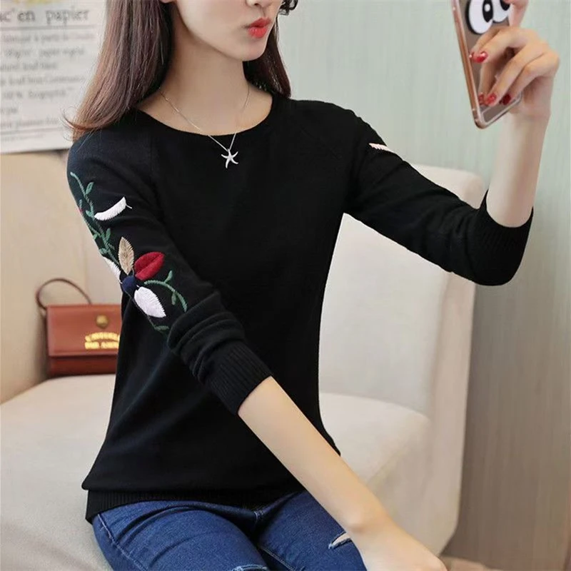 Autumn Winter Flower Embroidered Knitted Sweater Women Casual Loose Long Sleeve Top Party Basic Sweater Black White