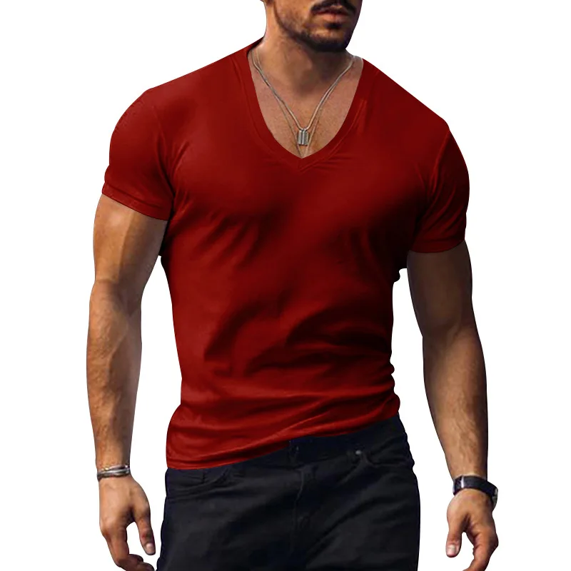 Men's T-Shirt European and American Summer Men's V-Neck Solid Color Slim Slim Casual T-Shirt Short-Sleeved Top
