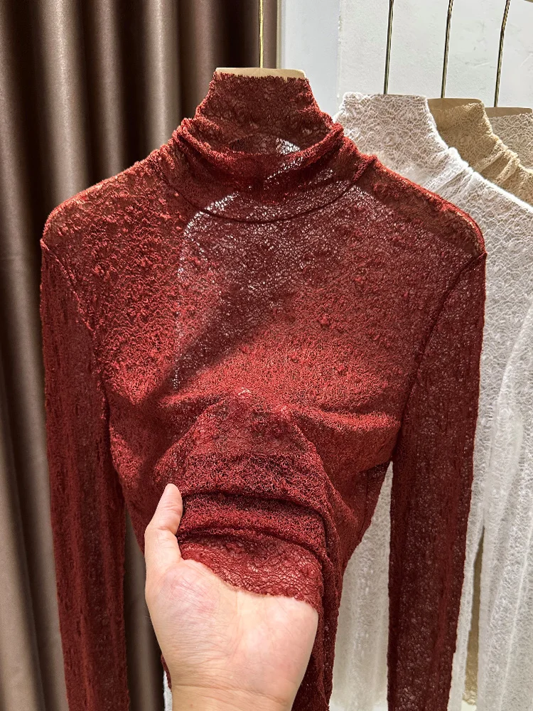 

Тонкий женский топ Ankela с высоким воротником, кружевом и ажурной текстурой, осенне-зимний, из мягкой сетки, для ношения под одеждой