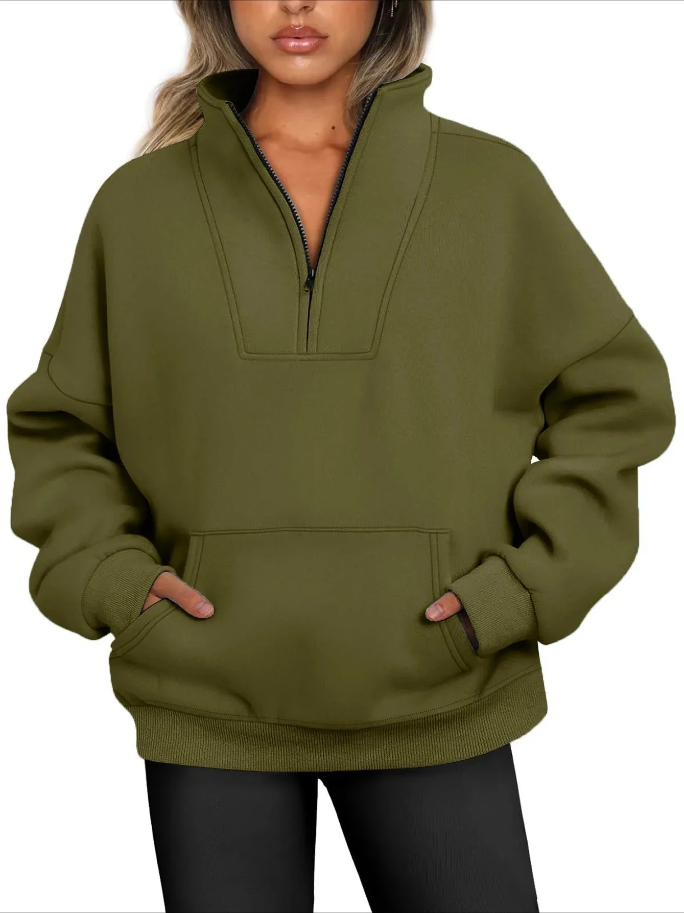 

Женская осенне-зимняя толстовка на молнии с воротником-стойкой, свободный повседневный флисовый топ с карманами, однотонный пуловер с резьбой