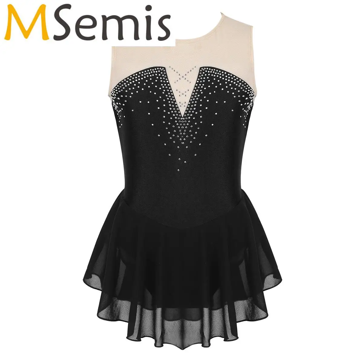 

Kids Girls Figure Skating Ballet Lyrical Dance Dress Sleeveless Sparkly Inlaid Rhinestone Mesh Splice Gymnastics Leotard Costume