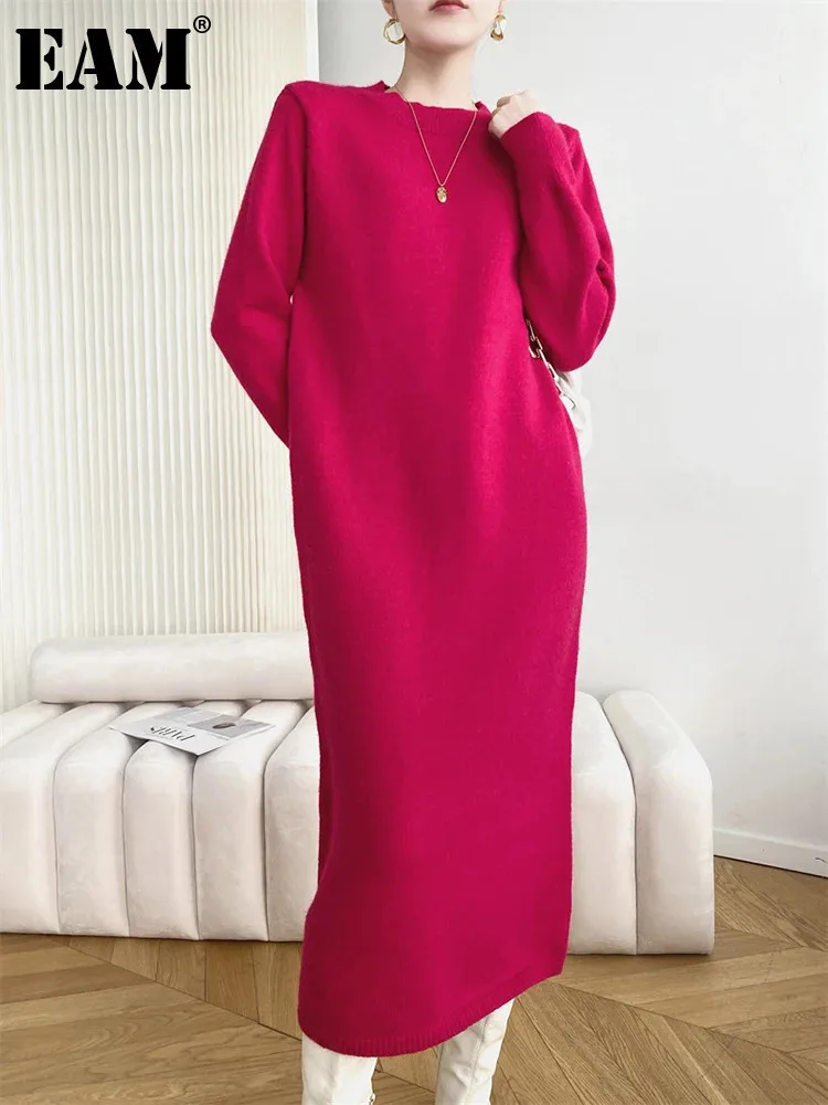 [EAM] Women Rose Red Casual Midi Elegant Knitting Dress New Round Neck Long Sleeve Fashion Tide Spring Autumn 2024 1DH6450