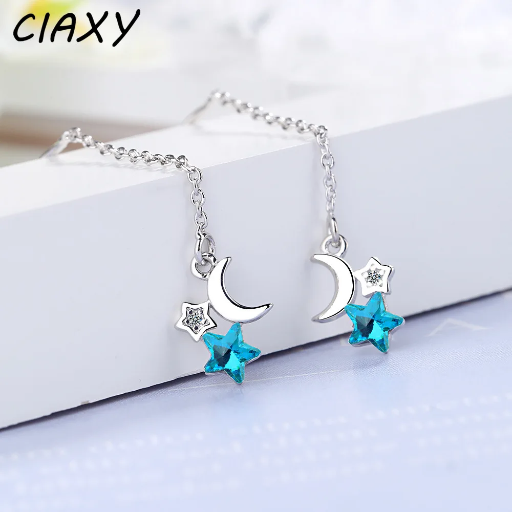 CIAXY Silver Color Azure Starry Sky Earrings for Women Engagement Wave Long Tassel Blue Star Moon Earring  Jewelry