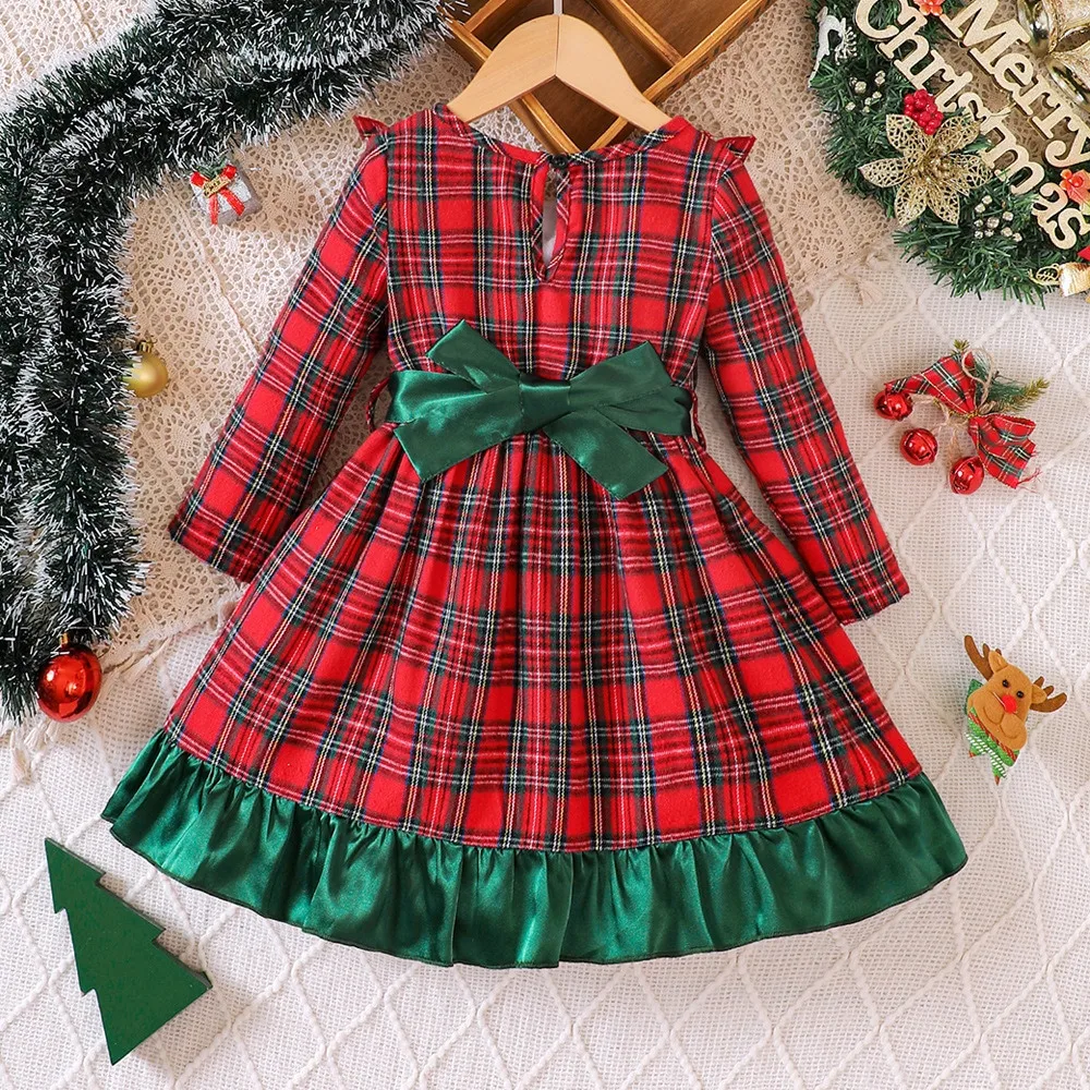Children's Christmas Plaid Dress Casual round Neck Long Sleeve Ruffle Edge Bow Tie Autumn Winter Clothing for Kids