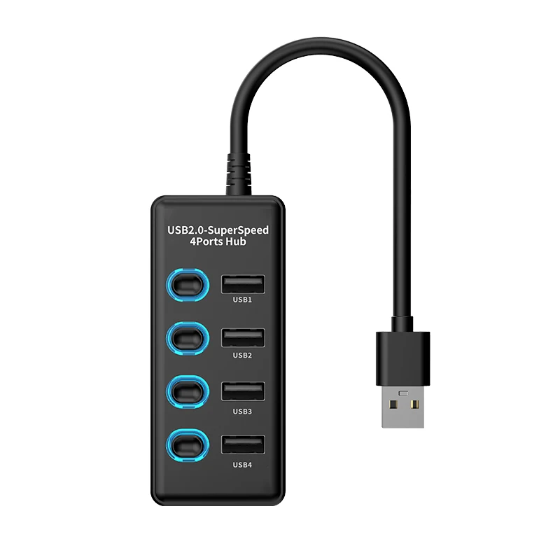 4 Port USB 2.0 Hub with Individual On/Off Switch, USB Splitter With Type-C Power Supply Port, Portable USB Expansion Adapter for